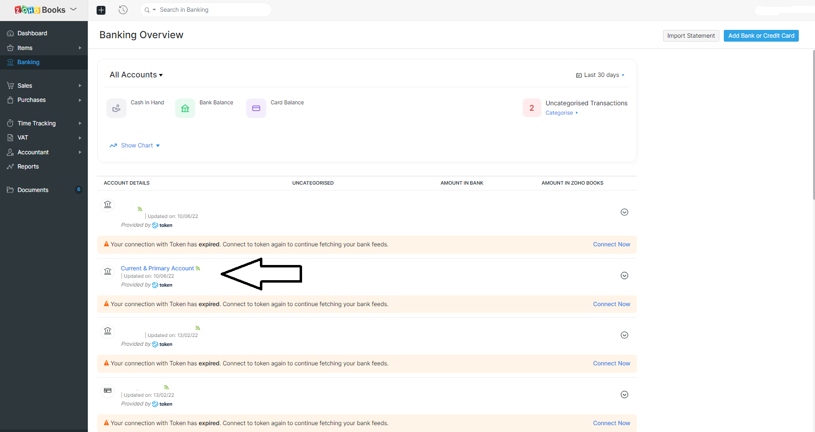 How to refresh Zoho Books bank feeds - when token has expired