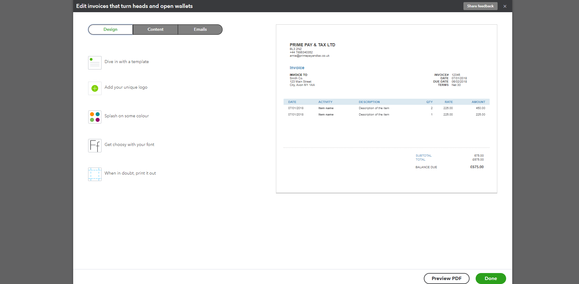 Add bank details on invoice in QuickBooks