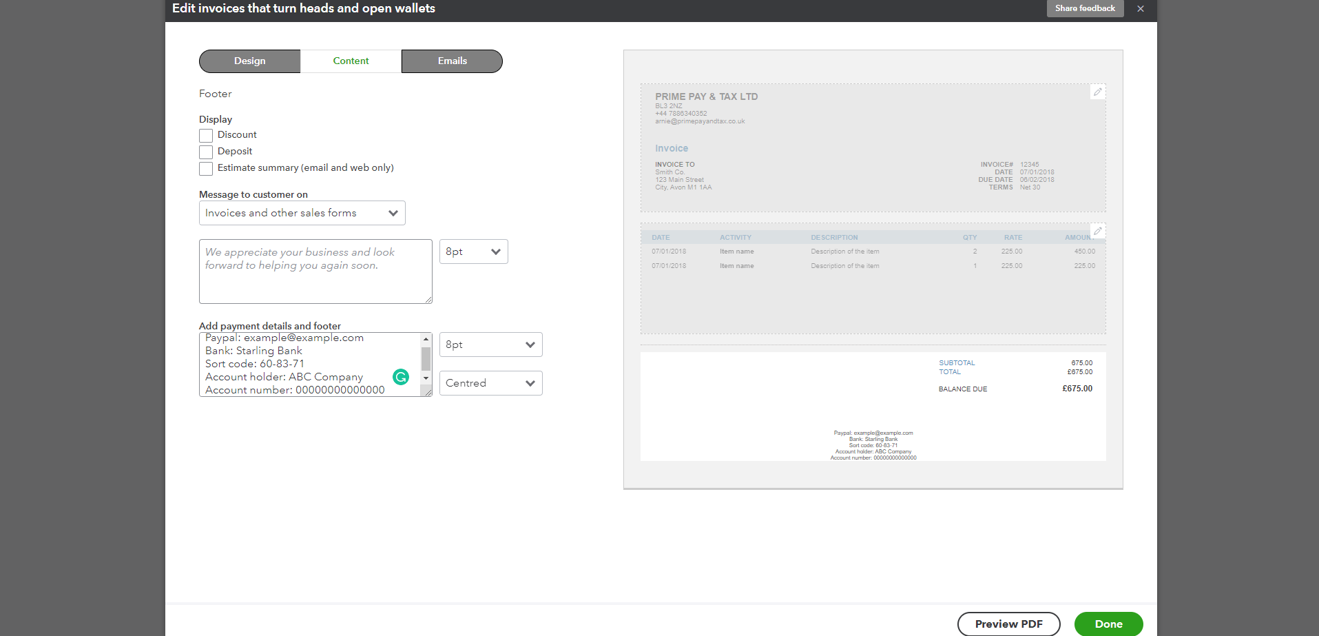 Enter bank details example