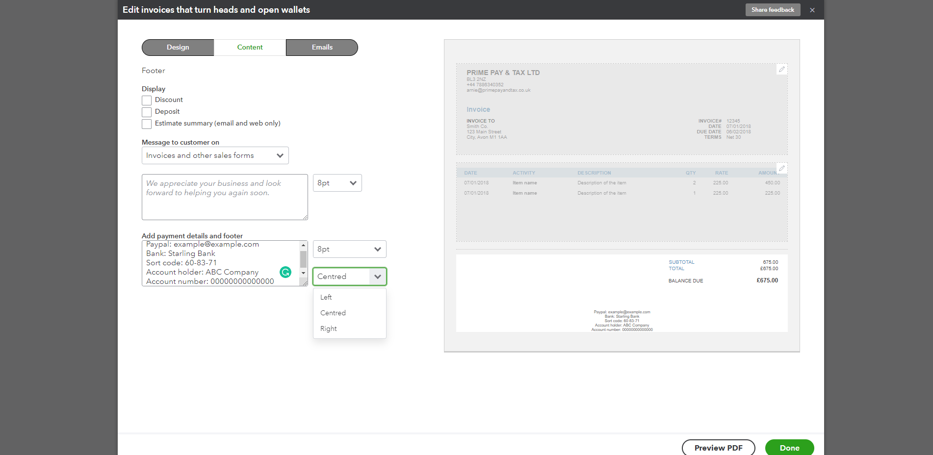 Customise where bank details appear on QuickBooks invoice