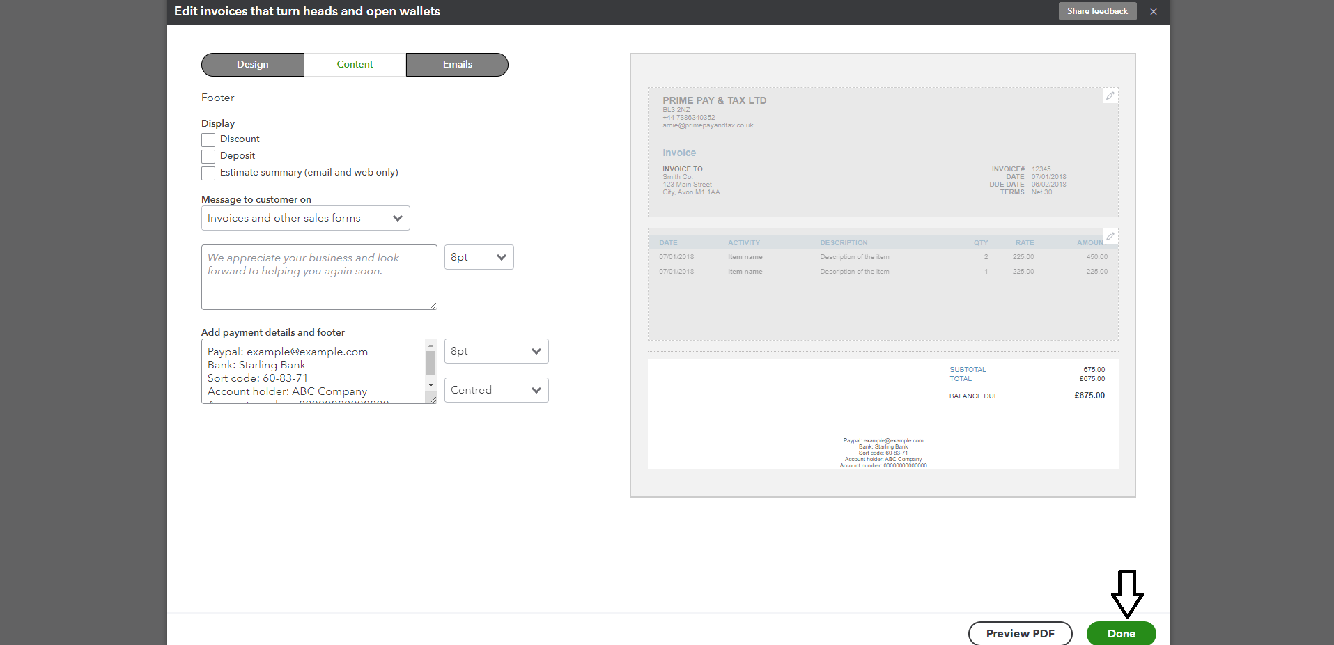 Click Done to save your bank details on your QuickBooks invoice