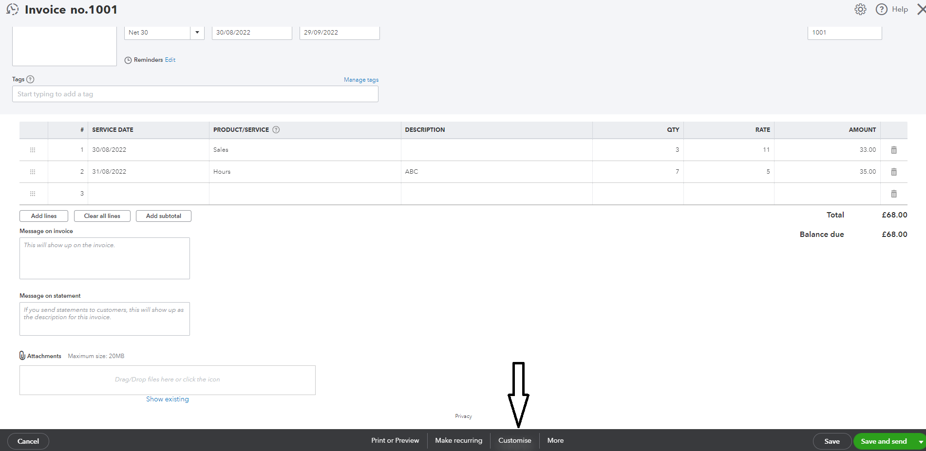 Bank details on invoices on QuickBooks