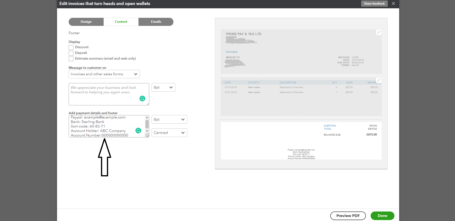 Bank details on invoices in QuickBooks