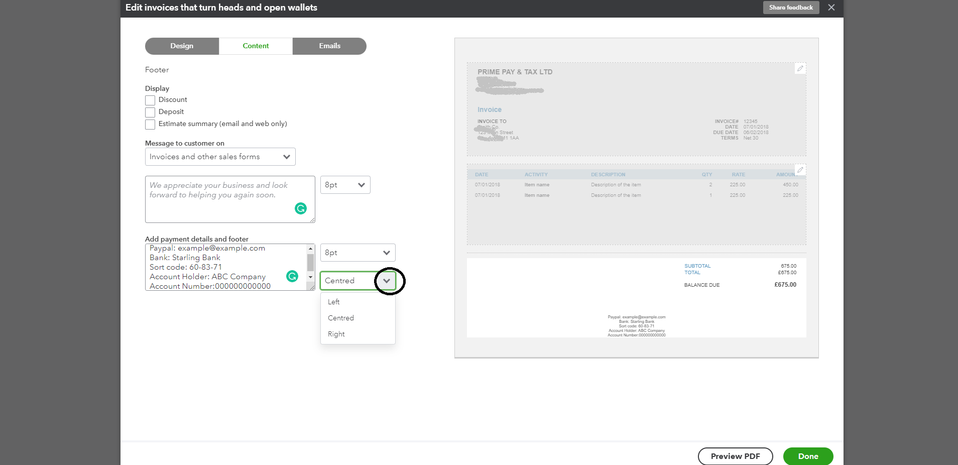 Customise payment details placement in QuickBooks