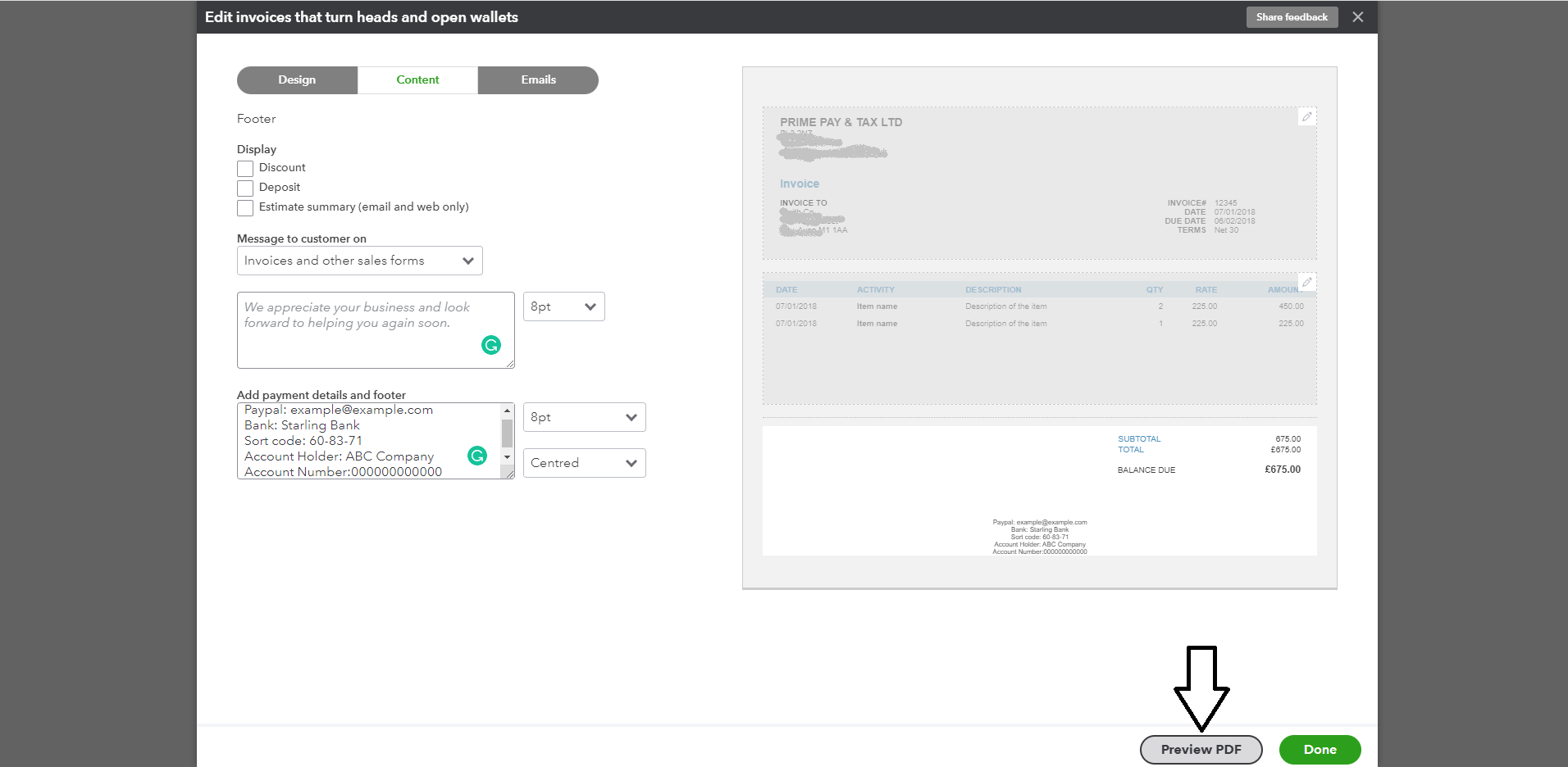 Add bank details on invoices in QuickBooks