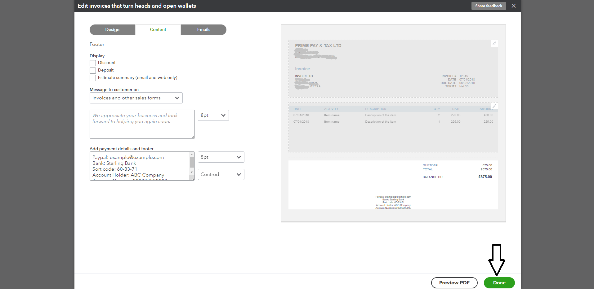 How to add bank details on QuickBooks invoices